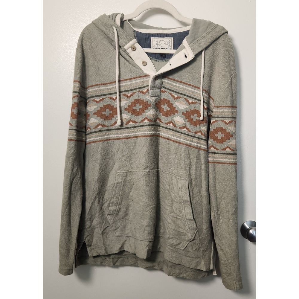 American Eagle Men S Bonfire Fleece Baja Hoodie Henley Aztec French Terry Cotton